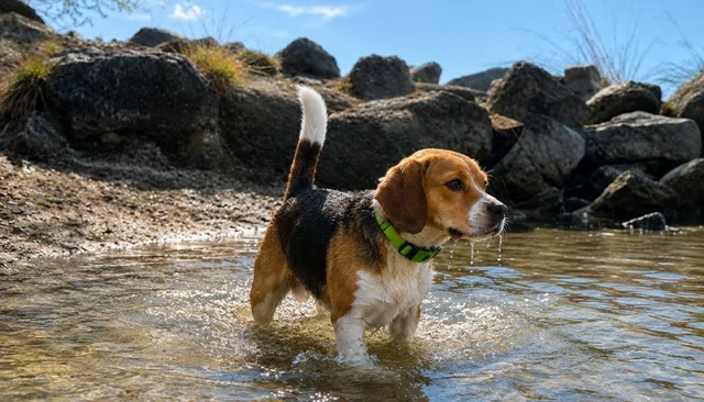 Beagle wading in a river wearing a green waterproof flea and tick tag on its collar